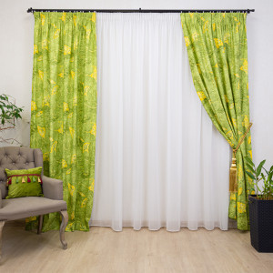Set 3 piese, draperii Hiko Nostalgie Leaf bumbac verde si o perdea din voal, cu rejansa - Img 1