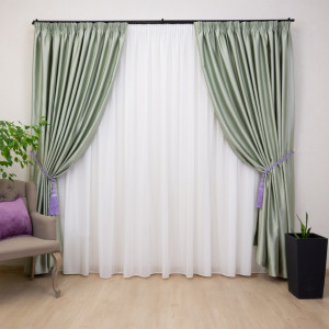 Set 3 piese Hiko, doua draperii Blackout, dimout verde ou de rata lucios si o perdea Ana voal, cu rejansa Premium, creion de 6,5cm