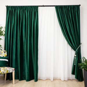 Set 3 piese Hiko, doua draperii Comfy catifea smaraldsi o perdea Ana voal, cu rejansa - Img 1