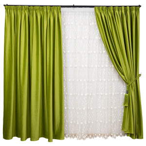 Set 3 piese Hiko, doua draperii COMFY catifea verde si o perdea brodata nesifonabila Dots ivoire, cu rejansa - Img 1