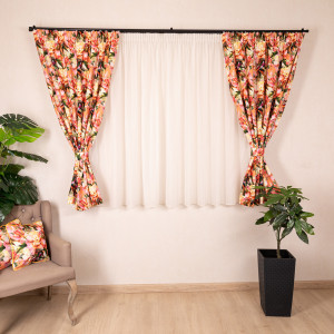 Set 5 piese Hiko Fantasy, 2 draperii scurte orange Blumen cu 2 benzi de prindere si o perdea Ana voal, cu rejansa - Img 1