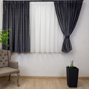 Set 2 draperii scurte cu doua benzi de prindere Hiko COMFY catifea gri antracit, cu rejansa - Img 1