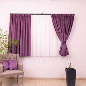 Set 5 piese Hiko, doua draperii scurte din catifea Comfy mov cu 2 benzi de prindere si o perdea Ana voal, cu rejansa - Img 3
