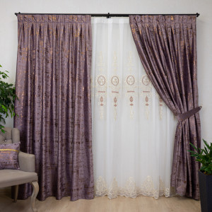 Set 5 piese Hiko Lux pliuri roz pudra, 2 draperii Imperial Comfy catifea cu bentite si o perdea brodata 3DTaby flori, cu rejansa - Img 3