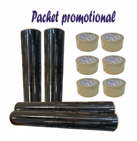 Pachet 4 role folie stretch neagra 1,2 kg + 6 role banda adeziva 48x60m