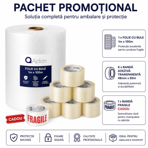 Pachet Promotional 1 x Folie cu Bule 1m x 100m, 6 x Banda Adeziva Transparenta si 1 x Banda Adeziva Fragile Cadou
