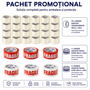 Pachet Promotional 24 x Banda Adeziva Transparenta, 3 x Banda Adeziva FRAGILE Alba, 3 x Banda Adeziva FRAGILE Rosie