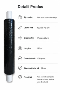 Folie Stretch Manuala Neagra 400 mm x 162 m, 17 Microni, 1.75 kg – Pentru Ambalare si Paletizare - Img 2