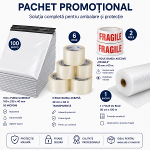 Pachet Promotional 100 x Pungi Curierat 180x235x40mm,50 Microni, 6 x Benza Adeziva Transparenta, 2 x Benza Adeziva FRAGILE 48x60m, 1 x Folie Bule 50x100m