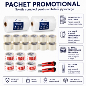 Pachet Promotional 2 x Folie cu Bule, 12 x Banda Adeziva Transparenta, 6 x Banda Adeziva FRAGILE, 2 x Cutter Beorol