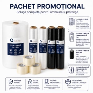 Pachet Promotional 1 x Folie cu Bule, 2 x Folie Stretch Transparenta 1 kg, 2 x Folie Stretch Neagra 1 kg, 3 x Banda Adeziva Transparenta