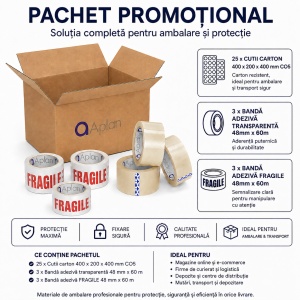 Pachet Promotional 25 Cutii Carton 400x200x400, 3 x Benzi Adezive Transparente, 3 x Benzi Adezive FRAGILE 48x60m