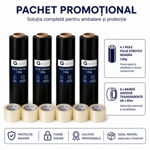 Pachet Promotional 4 x Role Folie Stretch Neagra 1,5 kg, 6 x Role Banda Adeziva Transparenta 48x60m