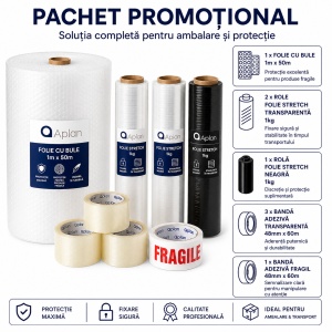 Pachet Promotional 1 x Folie cu Bule, 2 x Folie Stretch Transparenta 1 kg, 2 x Folie Stretch Neagra 1 kg, 3 x Banda Adeziva Transparenta, 1 x Banda Adeziva FRAGILE