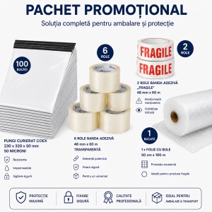 Pachet Promotional 100 x Pungi Curierat 230x320x50mm,50 Microni, 6 x Benza Adeziva Transparenta, 2 x Benza Adeziva FRAGILE 48x60m, 1 x Folie Bule 50x100m