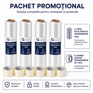 Pachet Promotional 4 x Role Folie Stretch Transparenta 1,5 kg, 6 x Role Banda Adeziva Transparenta 48x60m