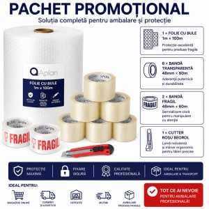 Pachet Promotional 1 x Folie cu Bule 1m x 100m, 6 x Banda Adeziva Transparenta, 2 x Banda Adeziva Fragile,1 x Cutter Beorol