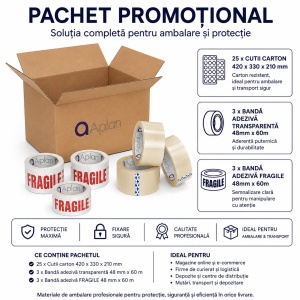 Pachet Promotional 25 Cutii Carton 420x330x210 + 3 Benzi Adezive Transparente + 3 Benzi Adezive FRAGILE 48x60