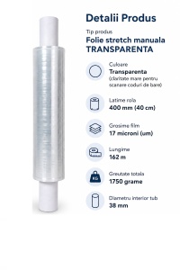Folie Stretch Manuala Transparenta 400 mm x 162 m | 17 Microni | 1.75 kg | Tub 38 mm - Img 2