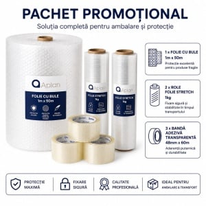 Pachet Promotional 1 x Folie cu Bule, 2 x Folie Stretch 1 kg si 3 x Banda Adeziva Transparenta