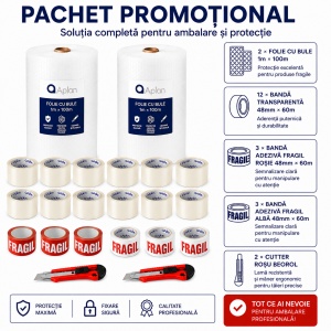 Pachet Promotional 2 x Folie cu Bule 1m x 100m, 12 x Banda Adeziva Transparenta, 4 x Banda Adeziva Fragile,2 x Cutter Beorol