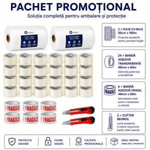 Pachet Promotional 2 x Folie cu Bule, 24 x Banda Adeziva Transparenta, 6 x Banda Adeziva FRAGILE, 2 x Cutter Beorol