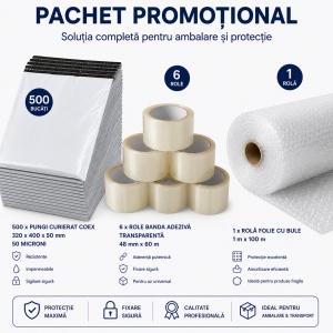 Pachet Promotional 500 x Pungi Curierat COEX 320x400x50mm, 6 x Benza Adeziva Transparenta, 1 x Folie Bule 100 cm x 100m