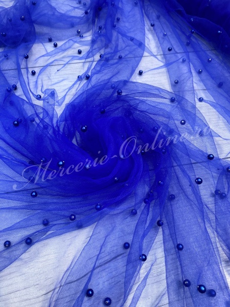 Tulle cu Perle, Albastru Imperial, latime 150cm (la metru), Cod:3159