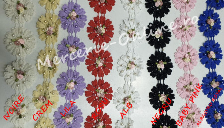 Dantela bumbac flori cu perle, cca 6cm (la metru) Cod:1208