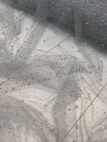 Tulle cu Strasuri si Perle, Gri, latime 150cm (la metru), Cod:3155 - Img 2