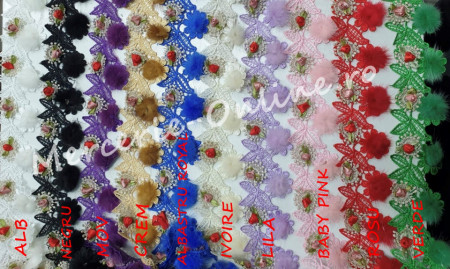Dantela flori cu puf, cca 6cm (la metru) Cod:1209