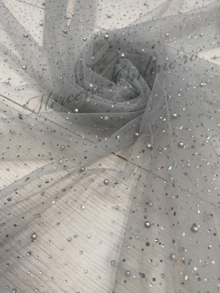 Tulle cu Strasuri si Perle, Gri, latime 150cm (la metru), Cod:3155