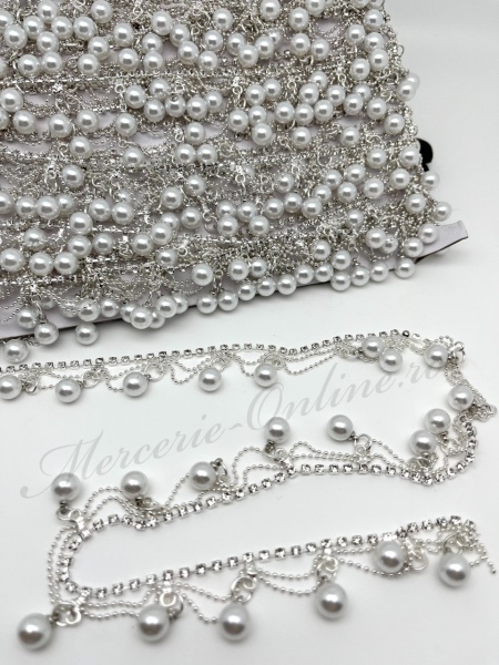 Lant decorativ cu strasuri si perle, 2cm (la metru) Cod:3678 - Img 2