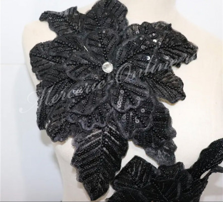 Aplicatie floare 3D cu margele, paiete si perle, cca 33cm, Negru (la bucata) Cod:2926