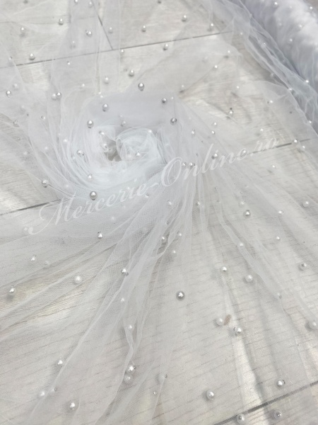 Tulle cu Perle, Alb, latime 150cm (la metru), Cod:3157