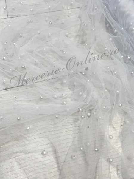 Tulle cu Perle, Alb, latime 150cm (la metru), Cod:3157 - Img 2
