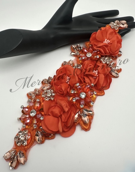 Aplicatie brodata cu flori 3D si cristale, Orange, cca 9.5x26cm, (la bucata) Cod:3492