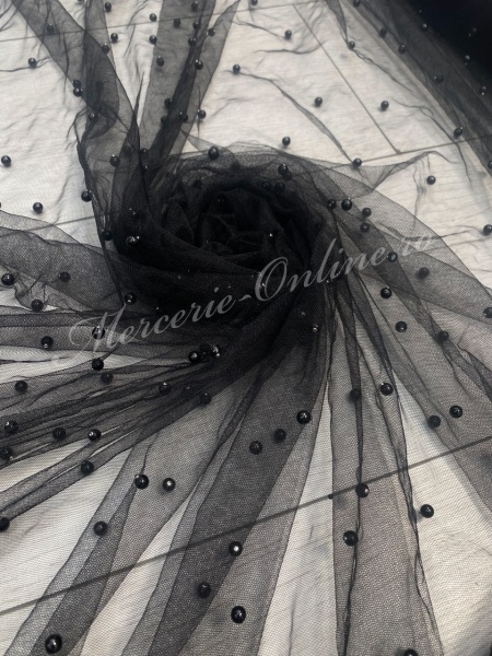 Tulle cu Perle, Negru, latime 150cm (la metru), Cod:3158