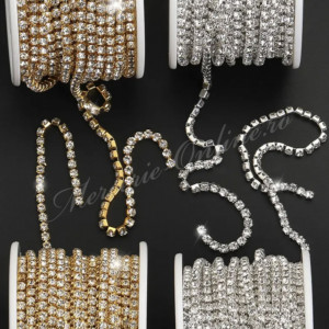 Lant decorativ cu strasuri, 4mm, Crystal/Gold (la metru) Cod:1532