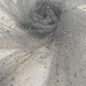 Tulle cu Strasuri si Perle, Gri, latime 150cm (la metru), Cod:3155
