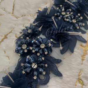 Aplicatie brodata cu flori 3D si cristale, Bleumarin, cca 11x40cm, (la bucata) Cod:2967 - Img 2