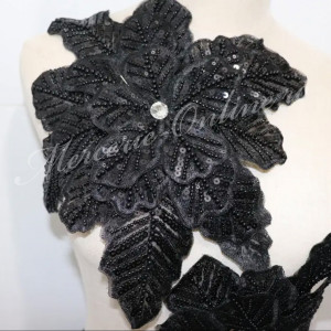 Aplicatie floare 3D cu margele, paiete si perle, cca 33cm, Negru (la bucata) Cod:2926
