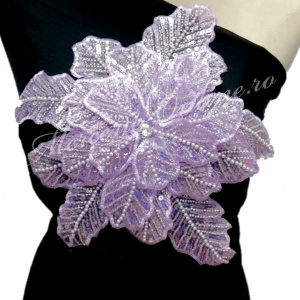 Aplicatie floare 3D cu margele, paiete si perle, cca 33cm, Lila (la bucata) Cod:2931