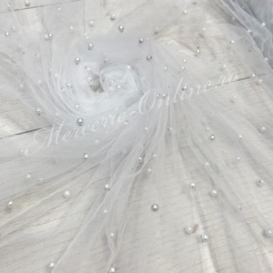 Tulle cu Perle, Alb, latime 150cm (la metru), Cod:3157