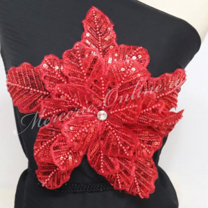 Aplicatie floare 3D cu margele, paiete si perle, cca 33cm, Rosu (la bucata) Cod:2932