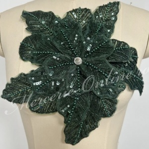 Aplicatie floare 3D cu margele, paiete si perle, cca 33cm, Verde Imperial (la bucata) Cod:3177
