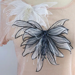 Aplicatie 3D organza cu margele si pene, 24x16cm (la bucata) Cod:3126