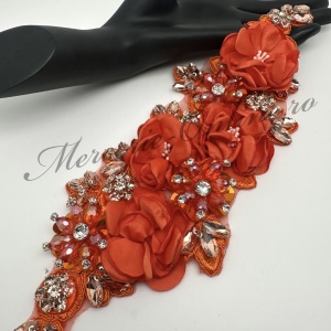Aplicatie brodata cu flori 3D si cristale, Orange, cca 9.5x26cm, (la bucata) Cod:3492