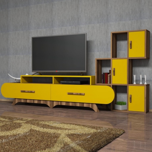 Comoda TV Flora S - Walnut, Yellow