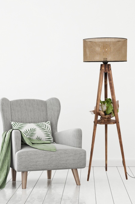 Sehbalı Tripod Lambader Yanık Silindir Rattan Abajurlu